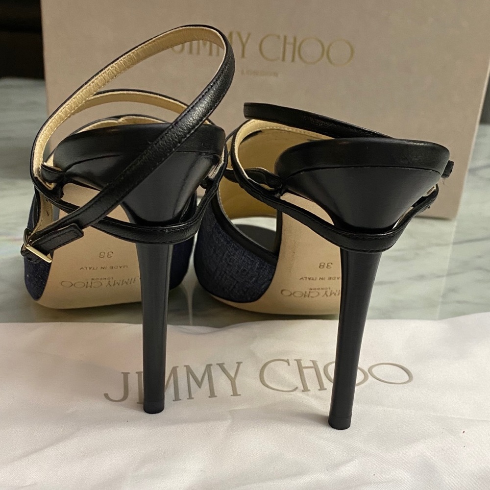 New JIMMY CHOO Flora Leather-trimmed Denim Sandals - Picture 5 of 8